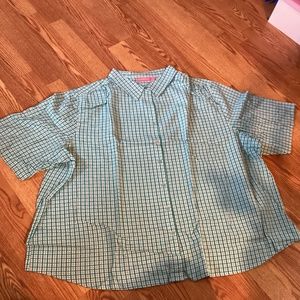 Woman Within Aqua & White Small Check Roll Tab Short Sleeve Button Up Shirt 5X